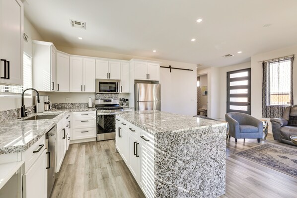 Fridge, microwave, stovetop, toaster