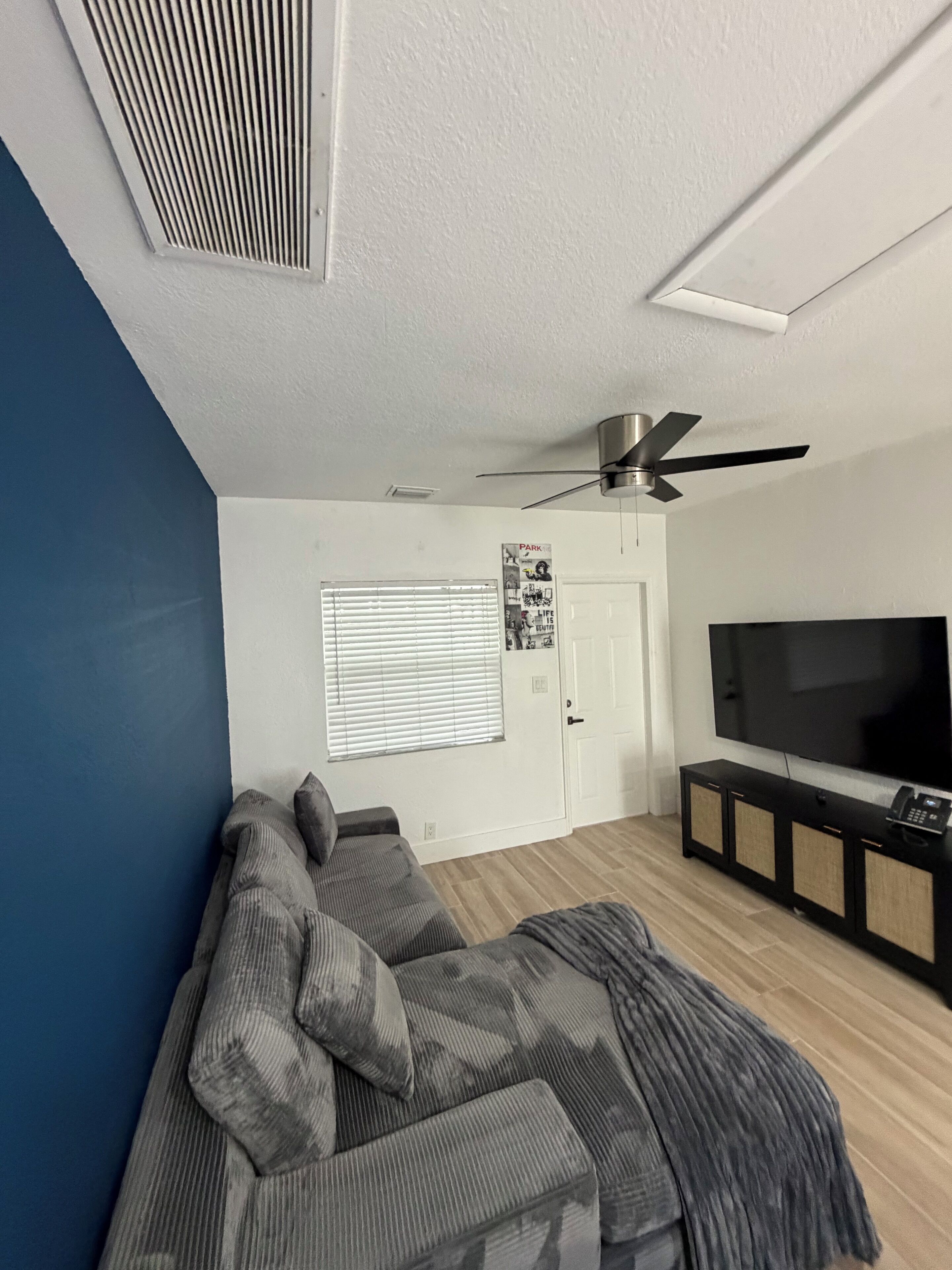 Un salon avec un canapé, un téléviseur, un ventilateur de plafond et une porte ornée d’une affiche.