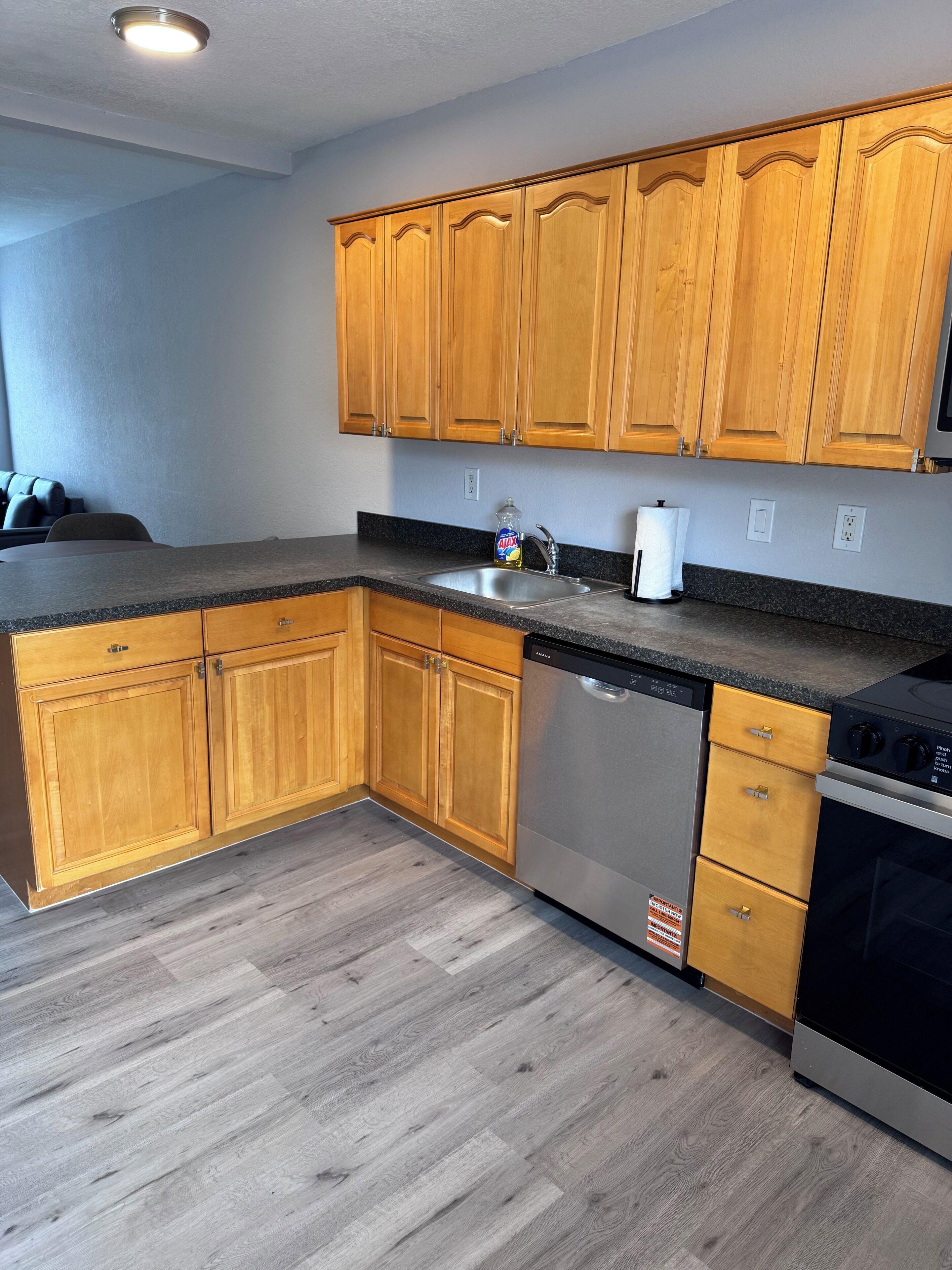 A kitchen with wooden cabinets, a stainless steel dishwasher, and a granite countertop.