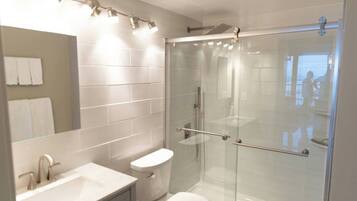 Hair dryer, towels, soap, toilet paper