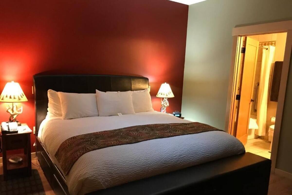 A neatly made bed with a dark headboard, two bedside lamps, and a red accent wall.