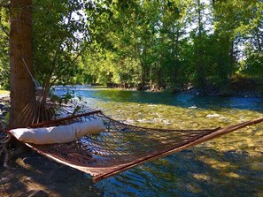 Un'amaca legata a un albero, vicino a un fiume, con un cuscino.