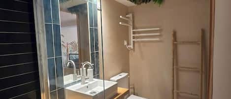 Douche, sèche-cheveux, serviettes fournies, savon