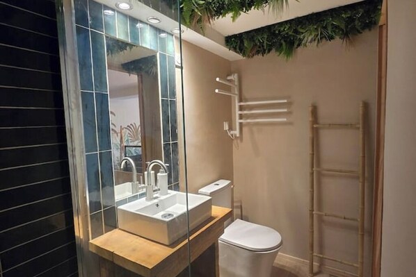 Douche, sèche-cheveux, serviettes fournies, savon