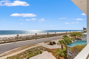 A beach view with a road, palm trees, and a pool.