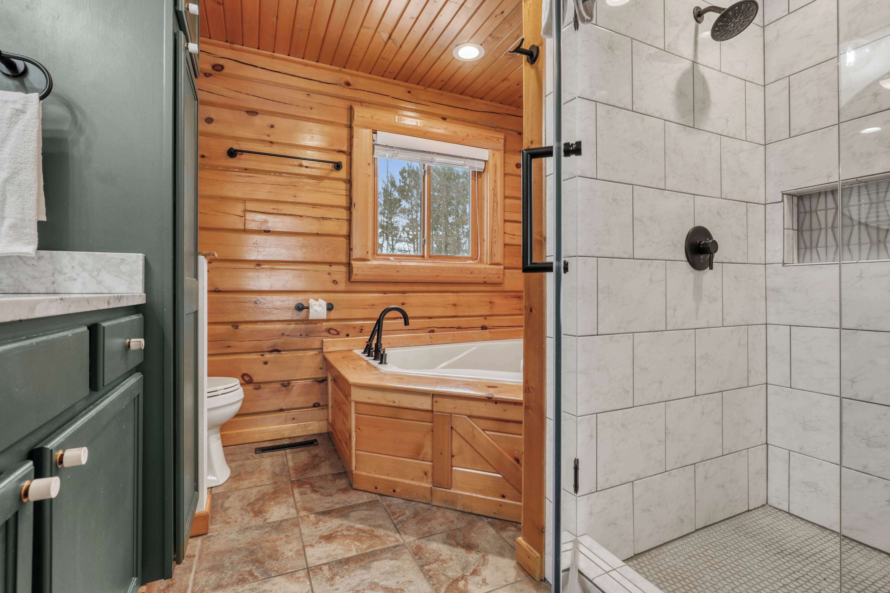 Shower, hair dryer, towels, shampoo