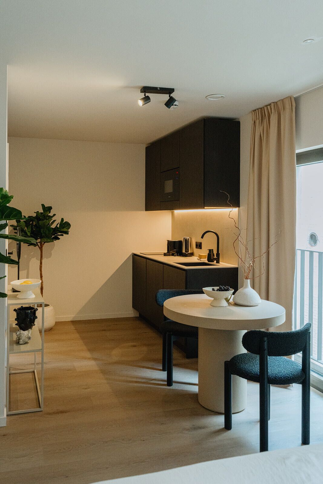 Studio suite | Privékeuken | Een koelkast, een magnetron, een kookplaat, een vaatwasser