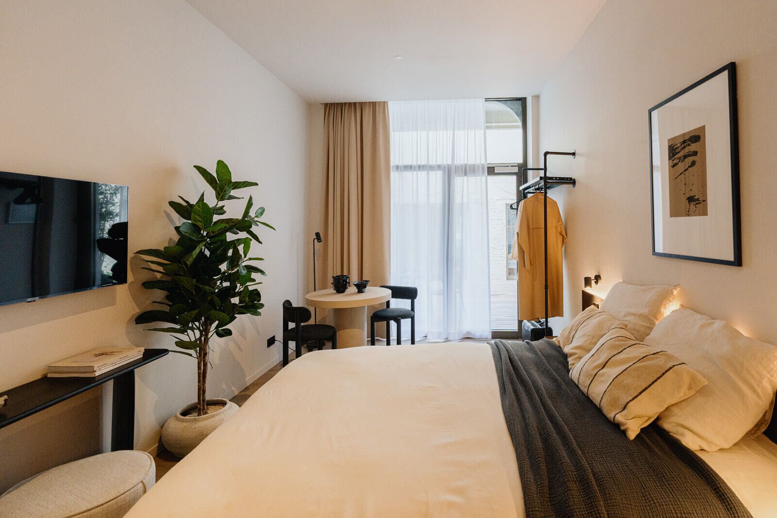 A hotel room with a bed, a desk, a chair, a small table, a plant, a coat rack, and a framed picture on the wall.