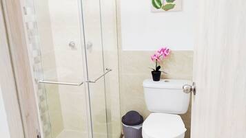 Hair dryer, towels, soap, toilet paper