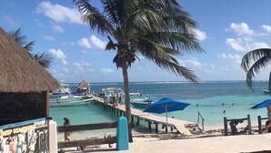 A beach view with a thatched-roof structure, a palm tree, and a pier leading to the water. - Beautiful, cozy & comfortable house Puerto Morelos (Puerto Morelos)