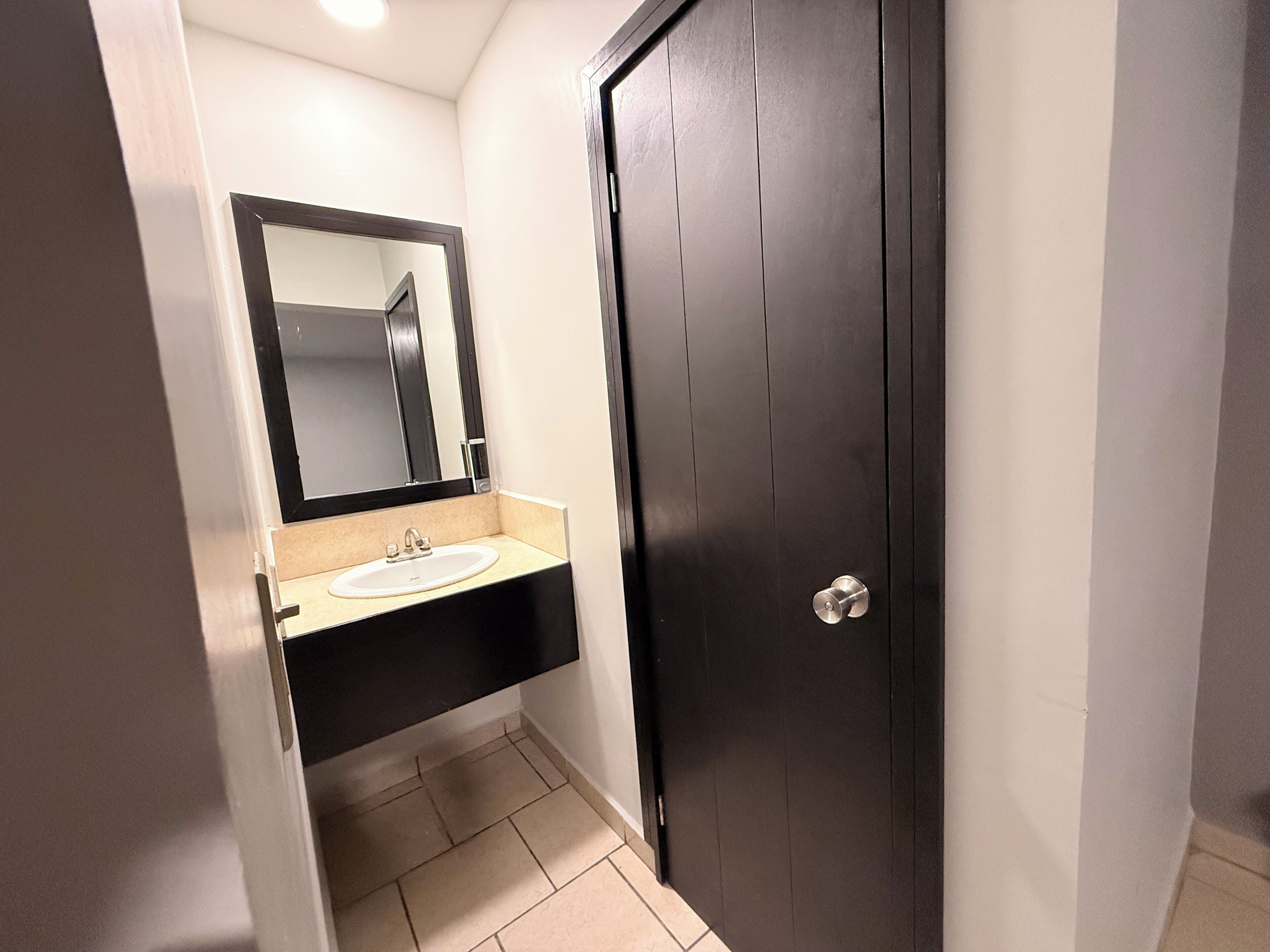 A bathroom with a dark wooden door, a white sink, and a mirror above it.