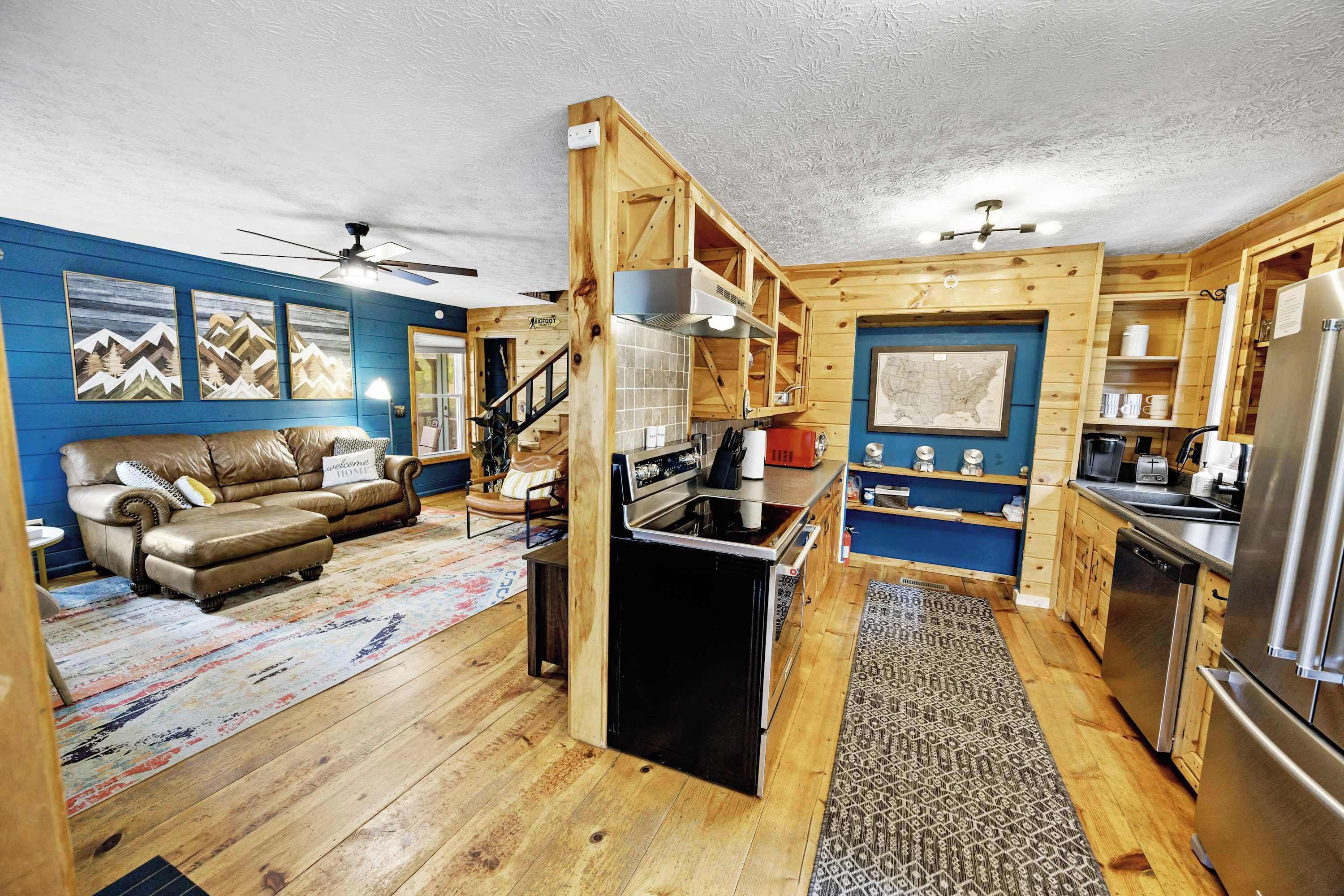 A compact kitchen with wooden cabinets, a built-in stove, and a refrigerator.