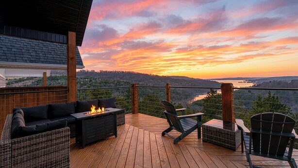 A wooden deck with outdoor furniture, a fire pit, and a view of a sunset over a valley. - New Lake-View Luxe Cabin w/ Pvt Hot Tub, 3/2 Sleeps 8! EV Charger, Branson, SDC! (Branson)