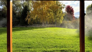 Uitzicht door een houten constructie, met een grasveld en bomen op de achtergrond.