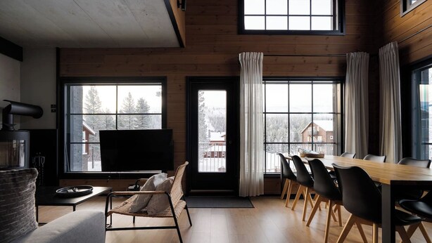 A modern living room with a fireplace, a TV, a sofa, and a dining area with chairs and a table.