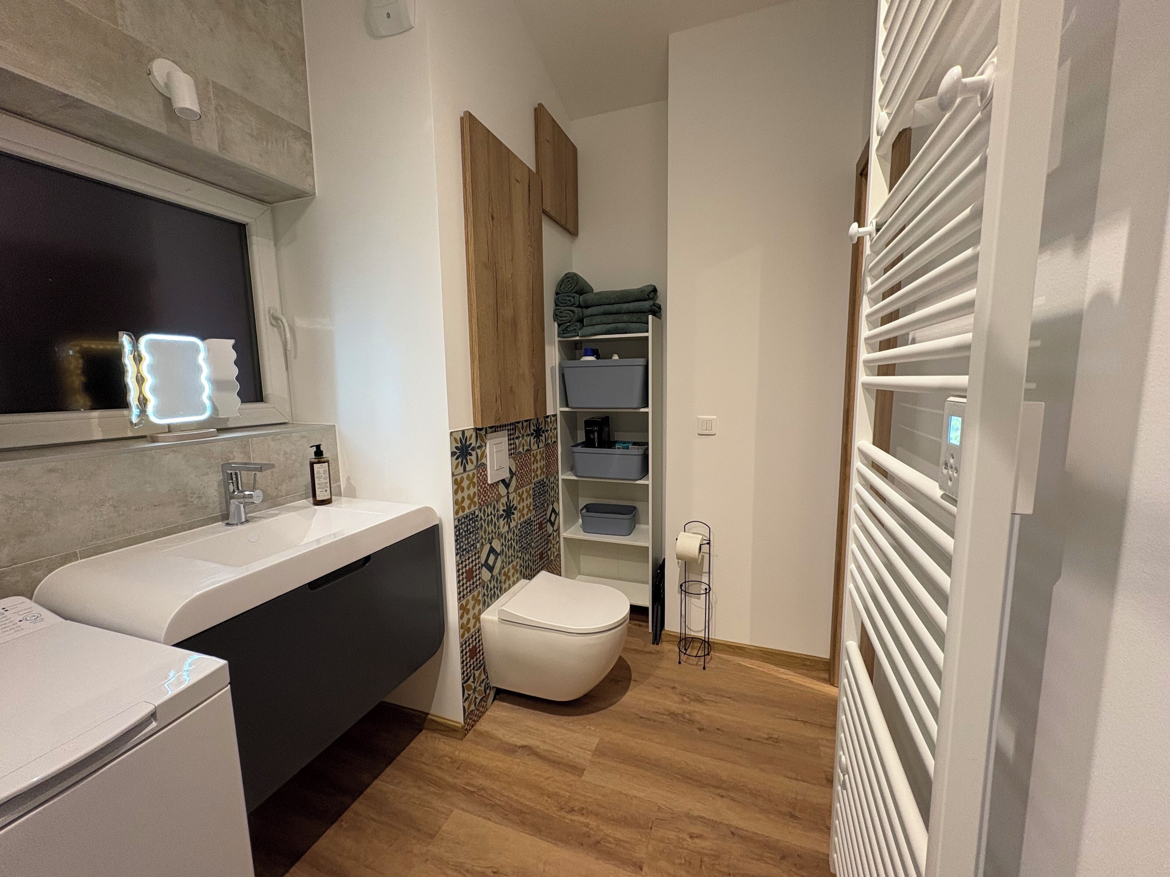 Chuveiro, secador de cabelo, toalhas de banho, sabonete