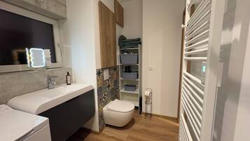 Chuveiro, secador de cabelo, toalhas de banho, sabonete