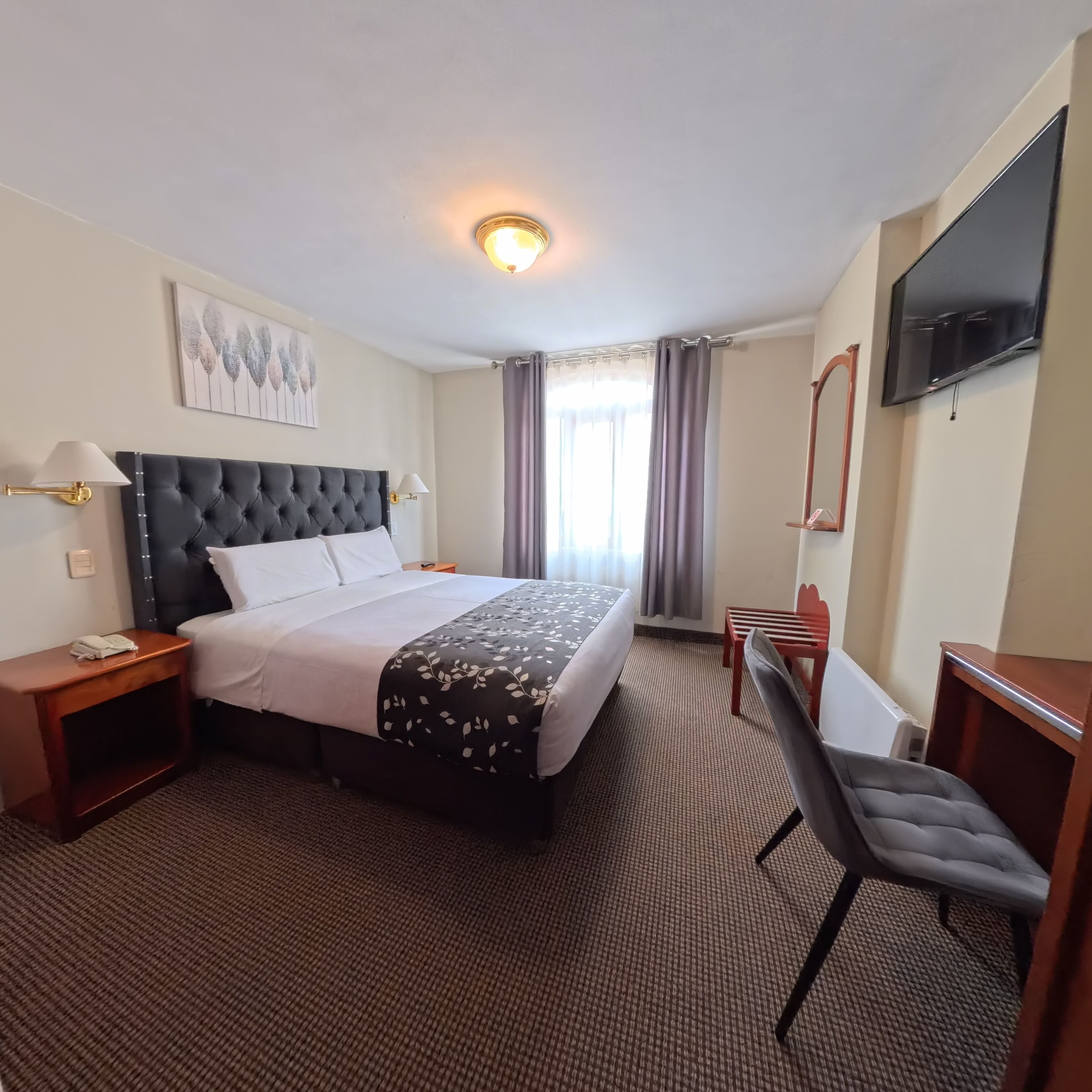 Habitación de hotel con una cama grande, un escritorio, una silla, un televisor de pantalla plana y un cuadro en la pared.