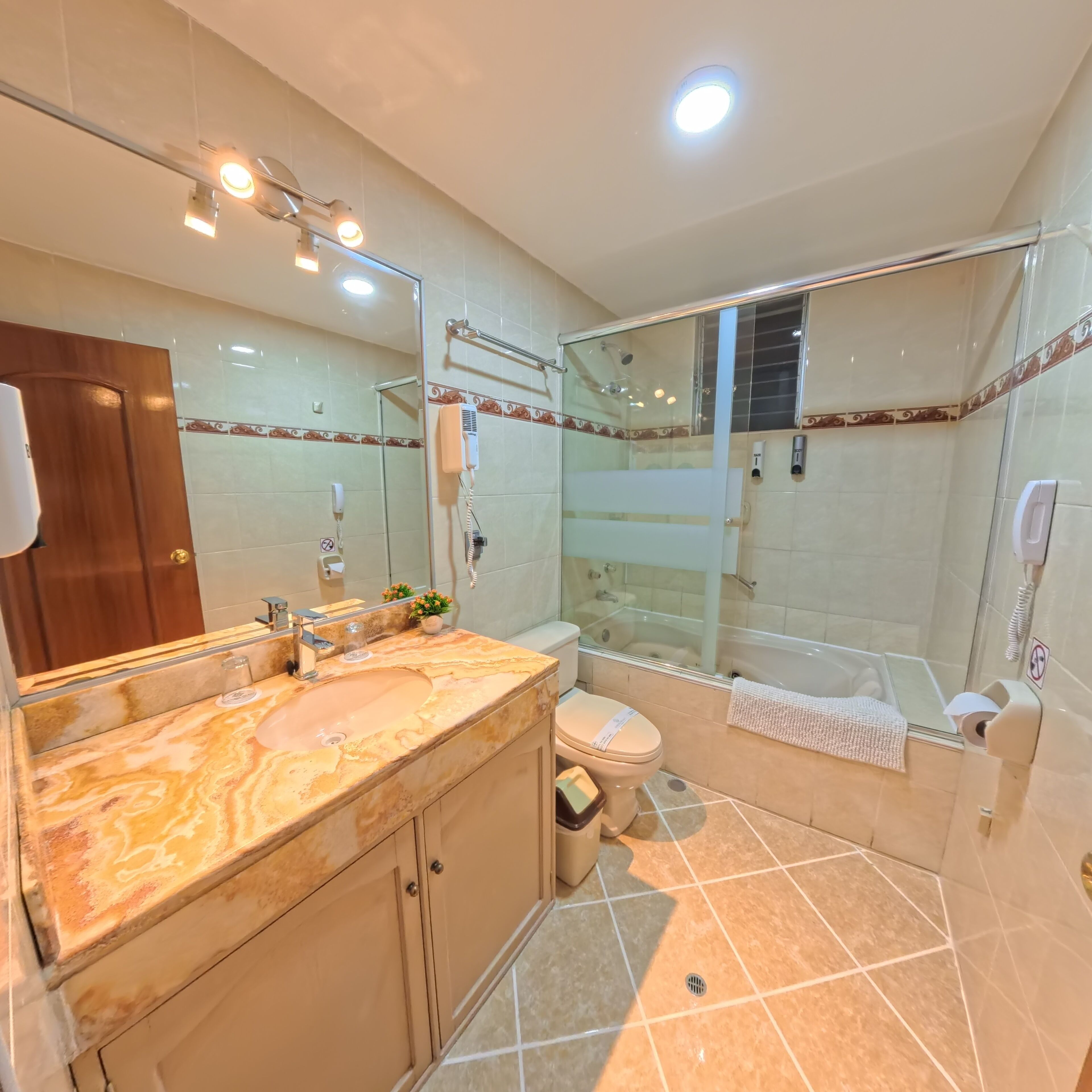 Sèche-cheveux, serviettes fournies, savon, shampoing