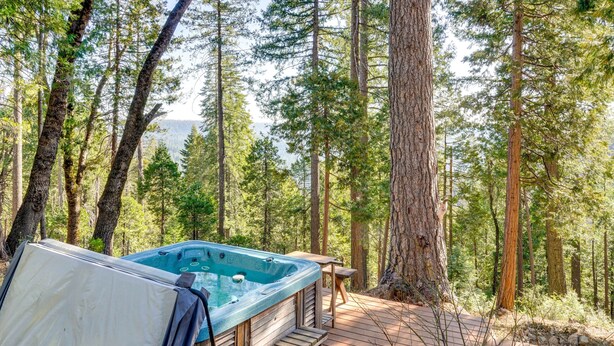 Un bain à remous sur une terrasse en bois, entouré d’une forêt.