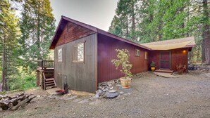 Une cabane avec une façade en bois, une terrasse et un petit porche.