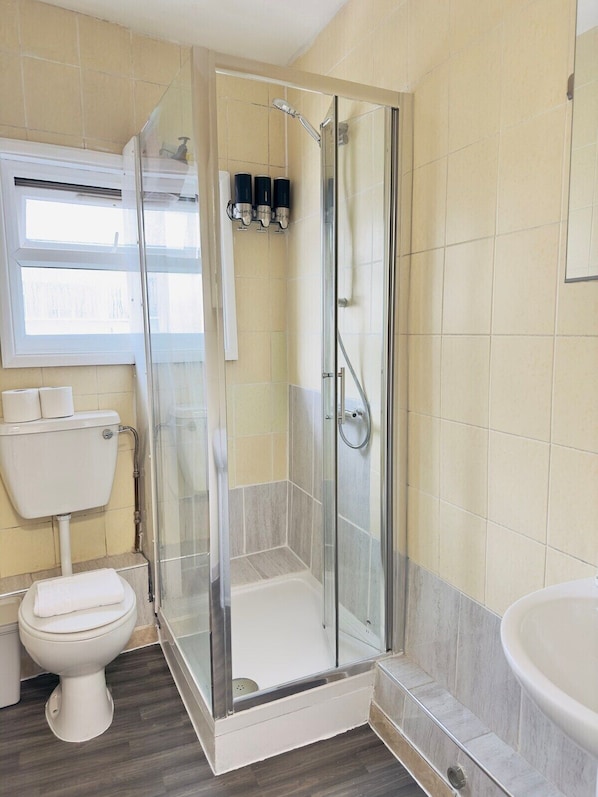 Une salle de bain avec une douche à parois de verre, des toilettes et un lavabo.