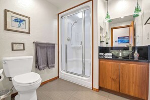Douche, séchoir à cheveux, serviettes fournies