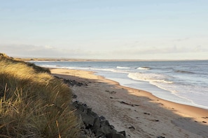 A beach with a sandy shore, waves, and grassy dunes. - Host Stay Cosy Cove (Morpeth)
