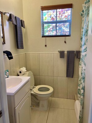 Douche, serviettes fournies, savon, papier toilette