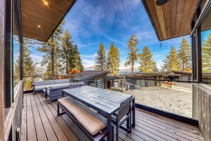 Outdoor dining - Aerial Grace Lakeside by Tahoe Getaways – 4BR w/ Private Beach, Pier, & Buoy! (Tahoma)