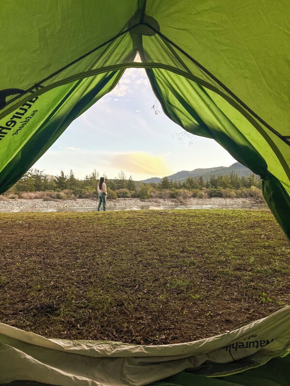 Una tienda de campaña con una persona adentro, contemplando un paisaje natural con árboles y una masa de agua.
