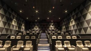 Une salle de cinéma avec des rangées de sièges en gradin et un escalier menant à l’écran.