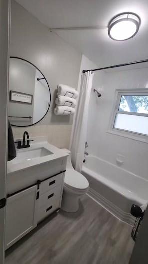 Hair dryer, bidet, towels, soap