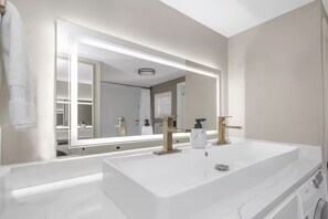 Hair dryer, bidet, towels, soap