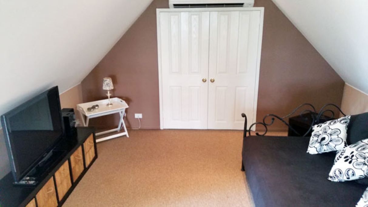 Televisio, takka, DVD-soitin, kirjoja