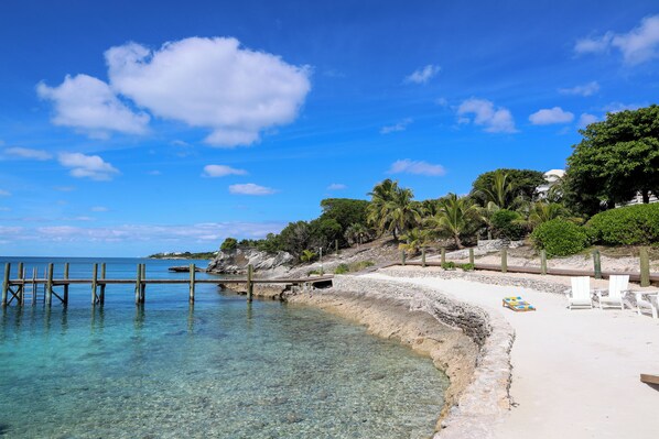 On the beach, sun-loungers, beach towels - Sea of Abaco Views from 2-Story, 1-BR Villa on Abaco Bahamas Great Guana Cay (Great Guana Cay)