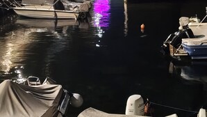 A nighttime harbor with boats docked, a stone wall, and buildings with balconies. - Romantic house. Veranda with panoramic view. Garden. Barbecue. Parking space (Colonno)