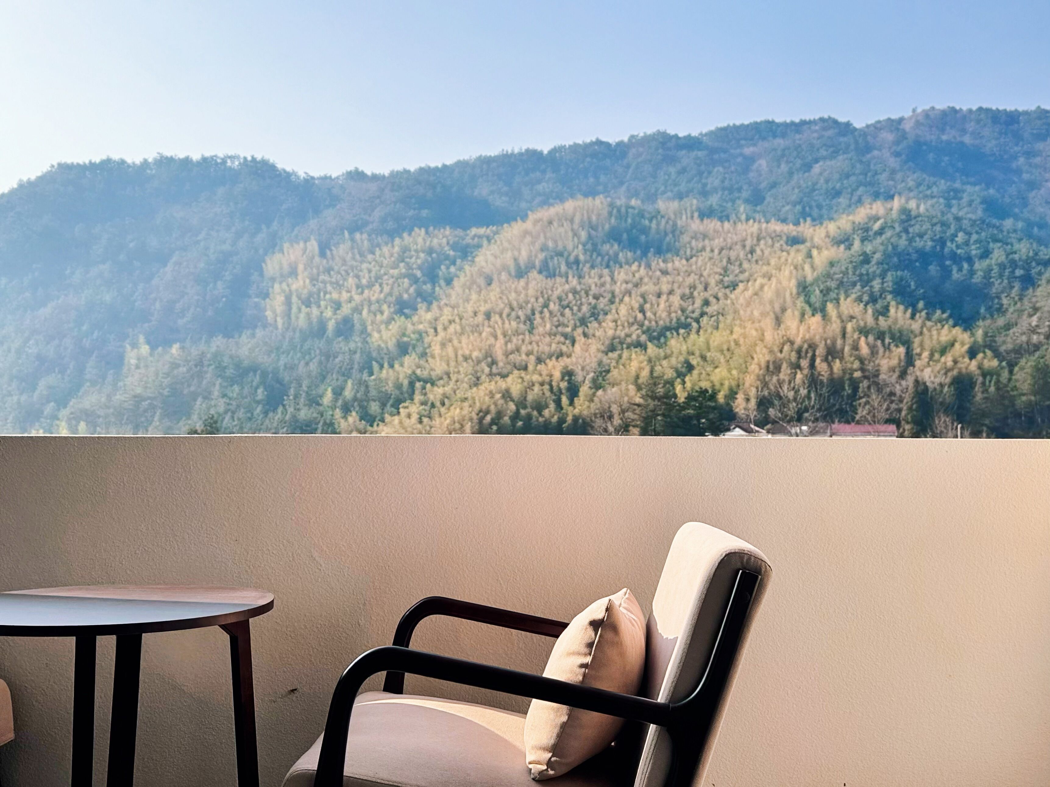 Un balcón con una silla y una mesa, con vistas a una ladera boscosa.