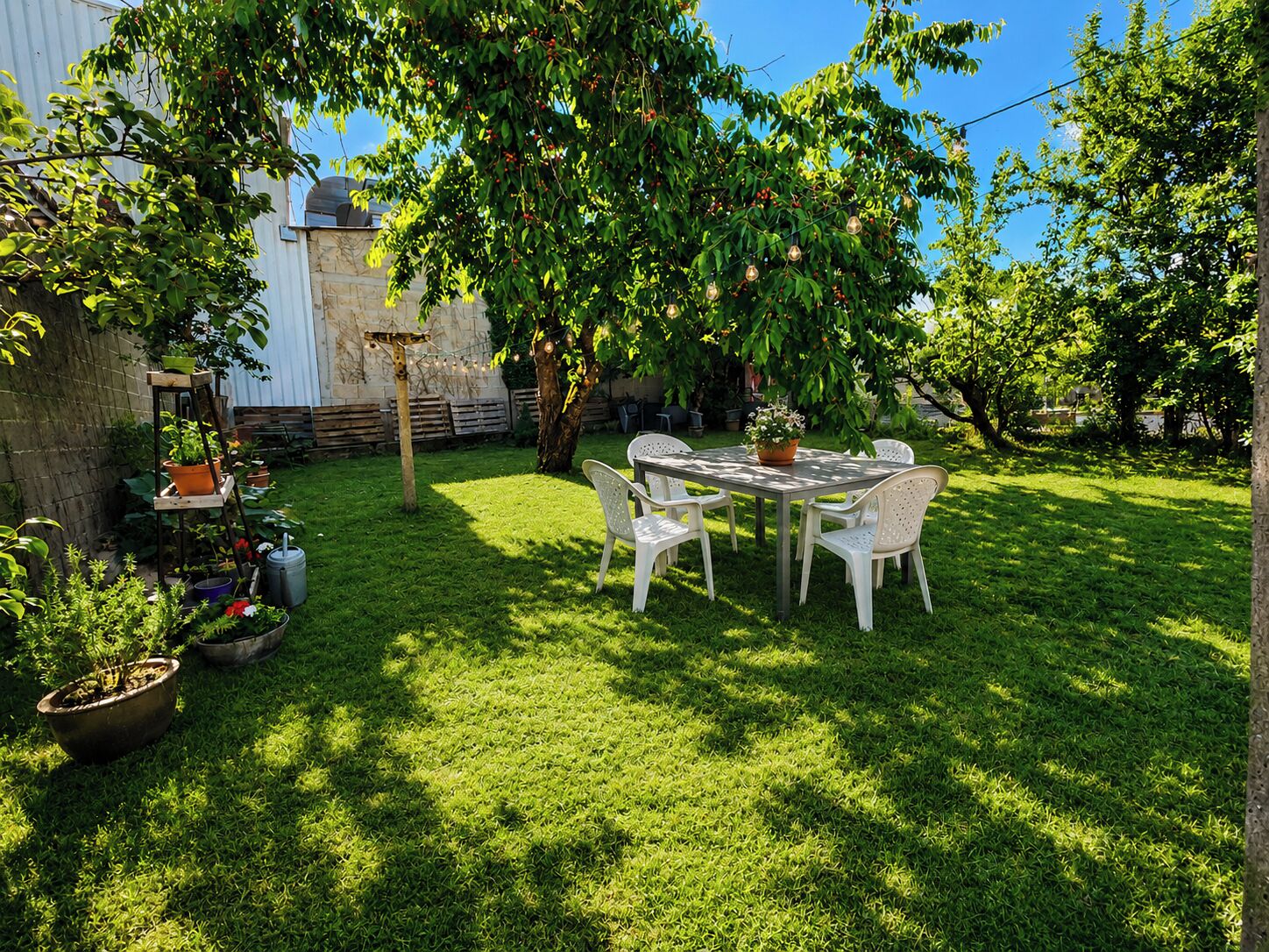 Een achtertuin met een tafel, stoelen, een pergola en diverse potplanten.