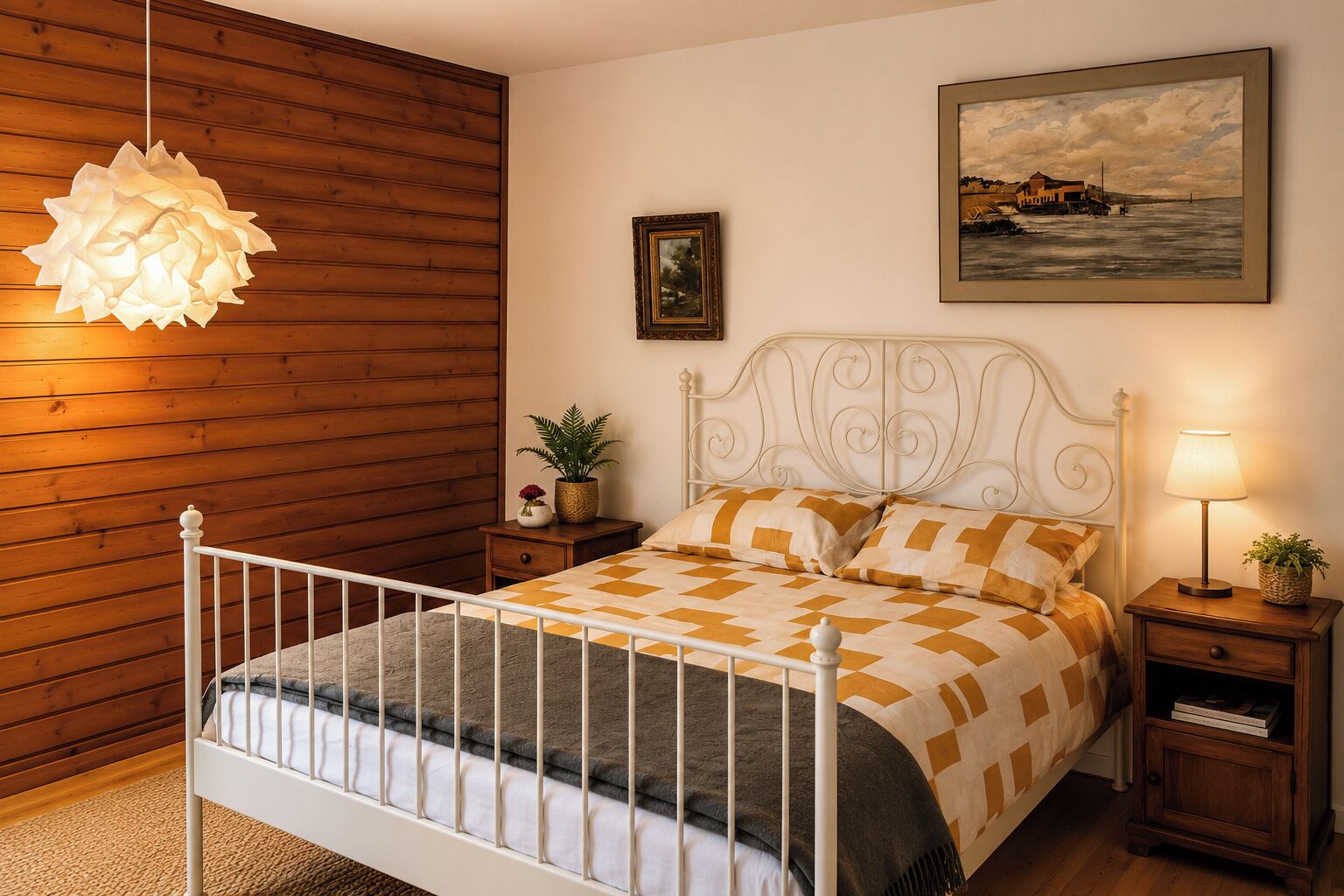 Une chambre à coucher avec un lit, une table de chevet, une lampe, un tableau et un luminaire suspendu.