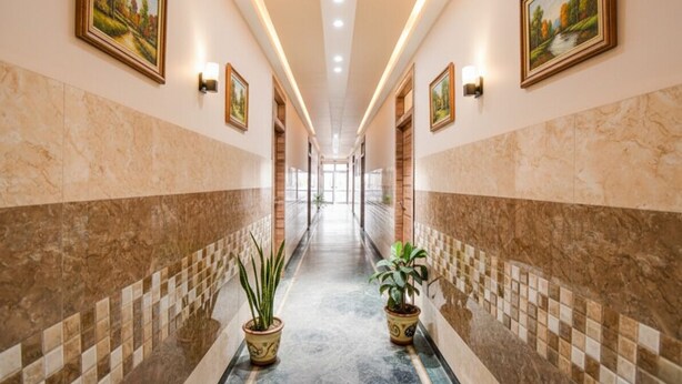 A long, narrow hallway with marble walls and a tiled floor, flanked by potted plants and framed paintings. - Via Ashirwad (Lucknow)