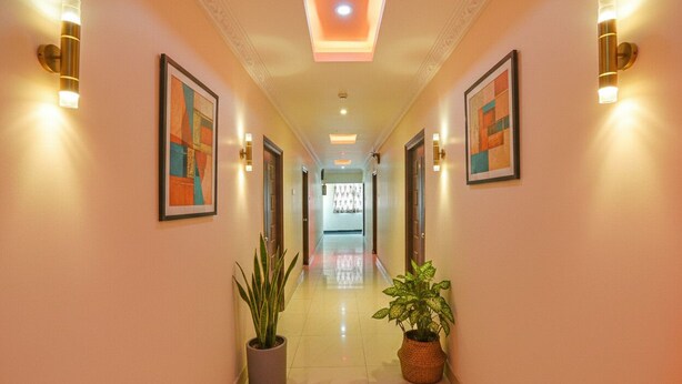 A hotel corridor with framed artwork, wall sconces, and potted plants. - Fabhotel Sri Balaji Grand (Hyderabad)