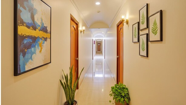 A hallway with a large abstract painting, potted plants, and framed botanical prints on the walls. - Fabhotel Stay Land Plus (Mumbai)