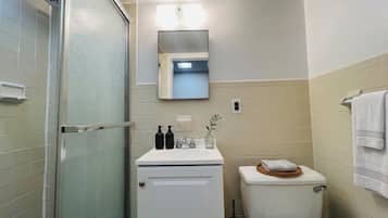 Hair dryer, towels, soap, toilet paper