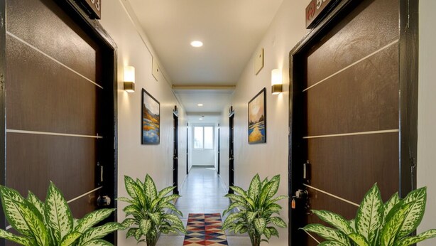 A hotel hallway with dark wooden doors, potted plants, and a colorful geometric carpet.