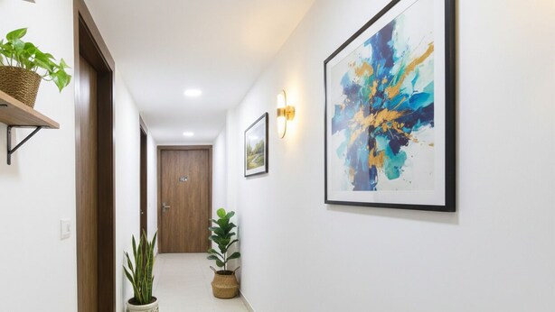 A hallway with a wooden door at the end, a framed abstract painting, and potted plants. - Fabhotel Happy Stay (Noida)