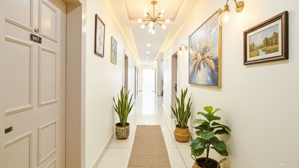 Un couloir avec une porte blanche portant le numéro « 107 », des plantes en pot, des œuvres d’art encadrées et un lustre.