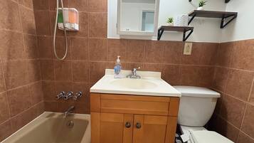 Hair dryer, towels, soap, shampoo