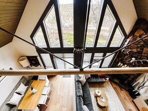 Televisión, chimenea y libros 