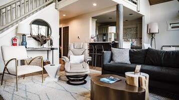 TV, fireplace, books